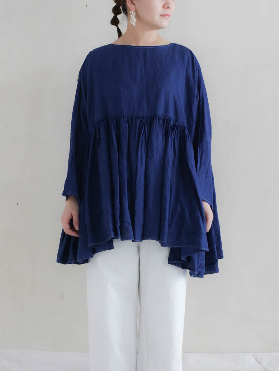 SP エシュペー インディゴリネンワイドギャザーブラウス（ブルー） メイン画像
